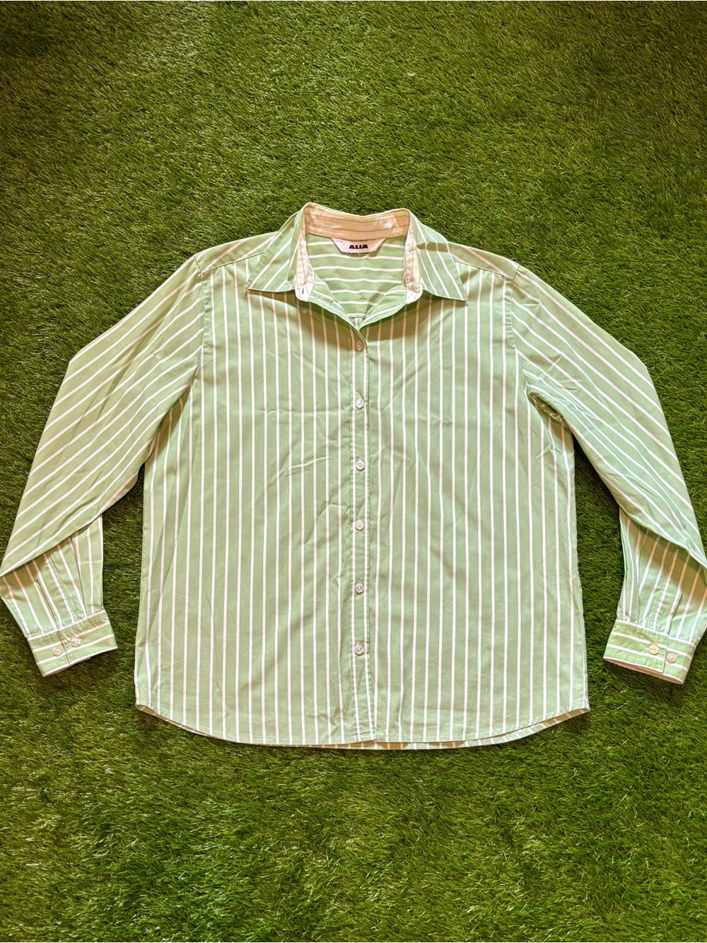 Alia Sage Green White Striped Cotton Button Up Shirt XL